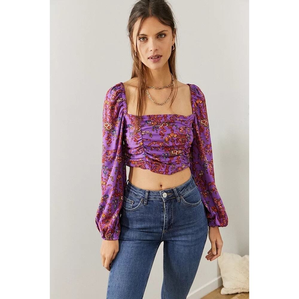 Urban Outfitters Bambi Purple Floral Crop Long Sleeve Top